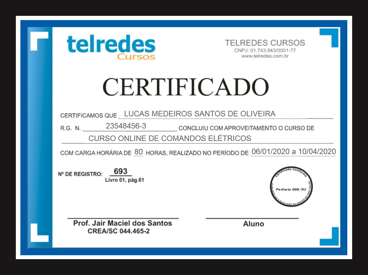 Certificado do curso online comandos eletricos Viver de Elétrica