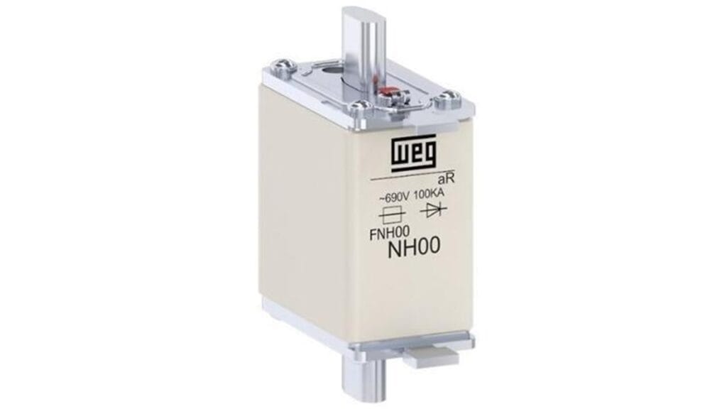 Fusível NH ultrarrápido do modelo FNH00 da WEG com conexão tipo contato faca,