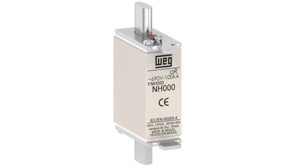 Fusível NH ultrarrápido do modelo FNH000 da WEG com conexão tipo contato faca
