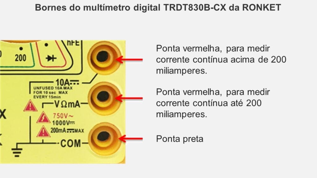 Como utilizar o multímetro e os três bornes