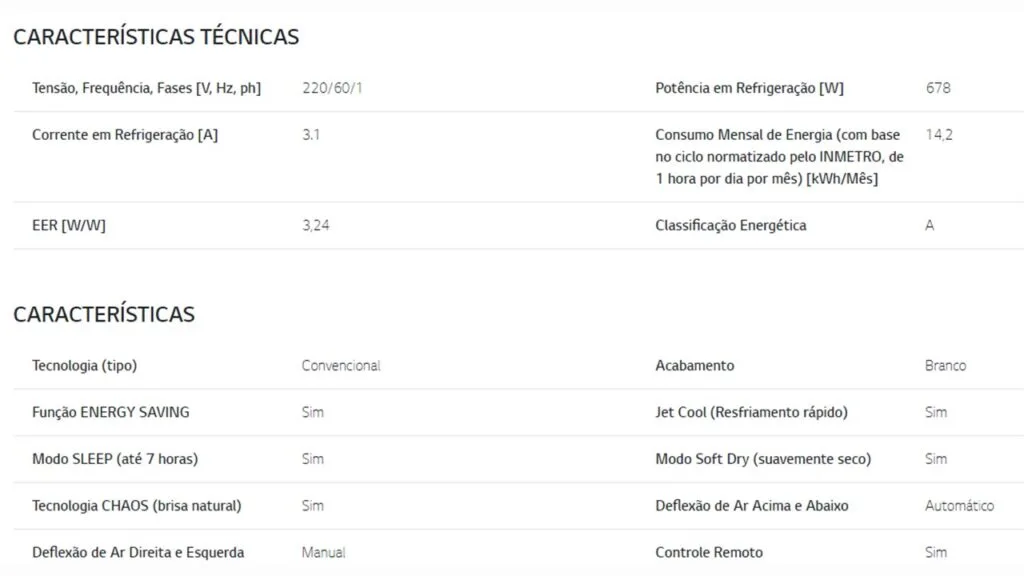 Quantos amperes consome um ar condicionado de 7500 btus e 127V e suas características técnicas