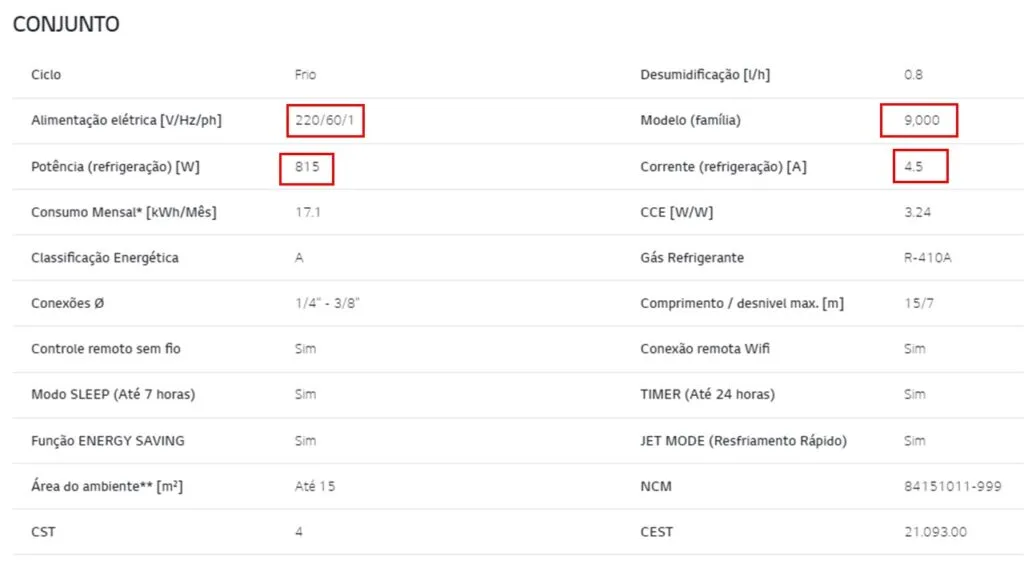 Tabela da LG mostra quantos amperes consome um ar condicionado de 9000 btus e 220V